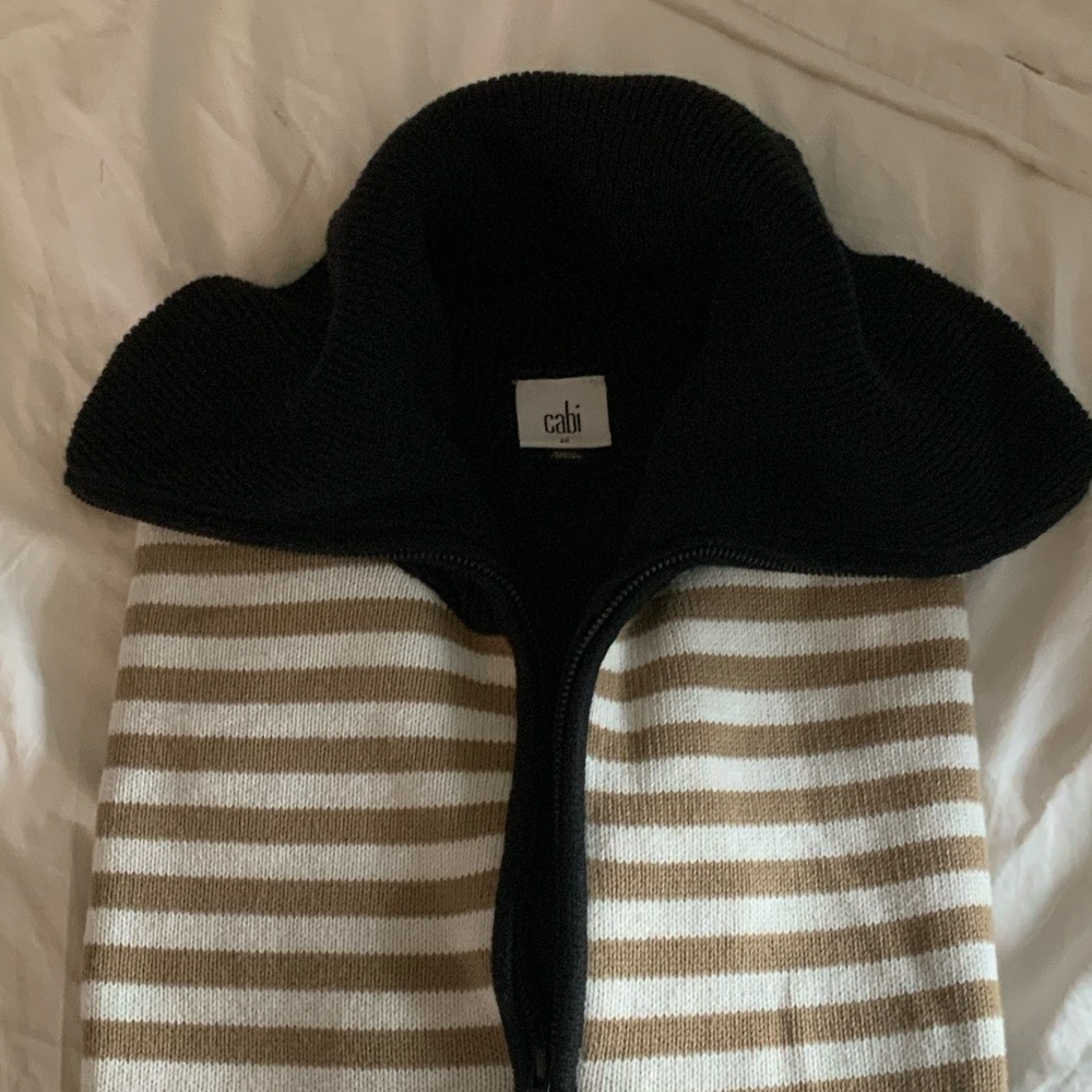 CAbi 6648 Zip-Up Sweater in Black and Tan Stripes